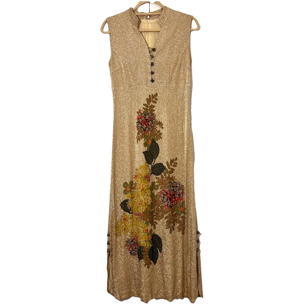 Vintage 70s? Maxi Dress‎ Womens S Metallic Gold Floral Asian Inspired Party